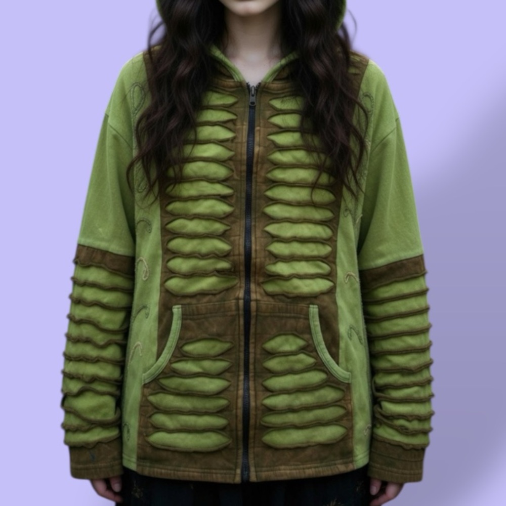 1990s Rising International Green Textured Fairy Grunge Zip-Up Hoodie
